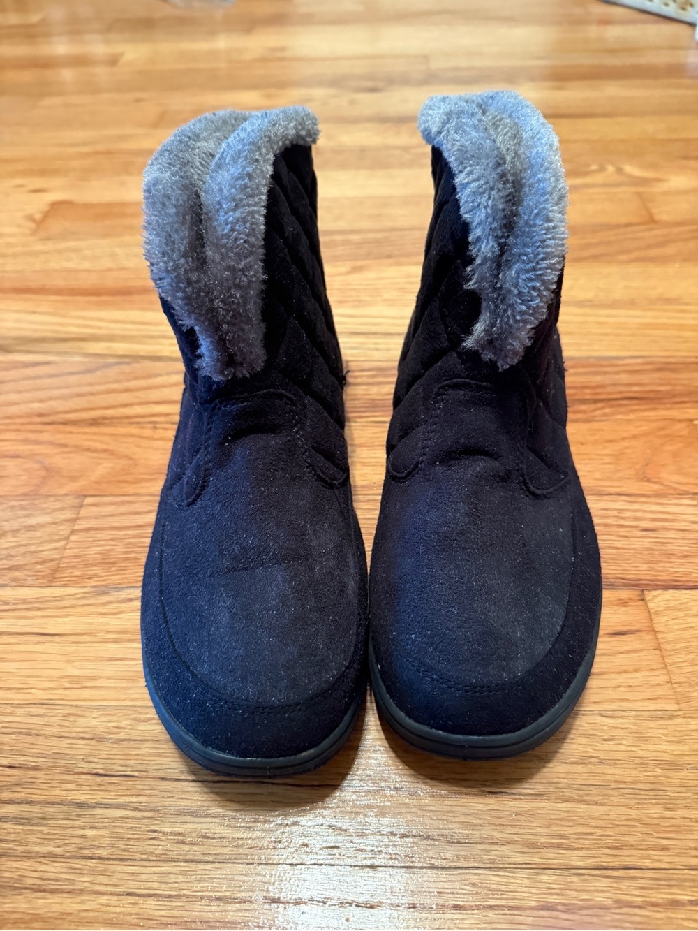 Women's Black Suede Winter Boots with Gray Faux-Fur Cuff